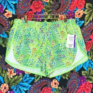 NEW WOMEN'S JOCKEY SPORT RUNNING SHORTS WOMENS SIZE XL SPLATTER RUN GREEN GECKO